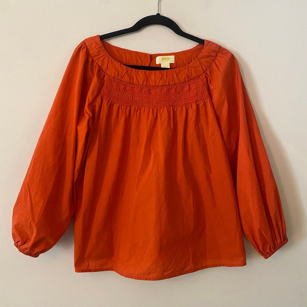 Maeve Anthropologie Orange Red Smocked Wide Neck Blouse 3/4 Balloon Sleeve Small
